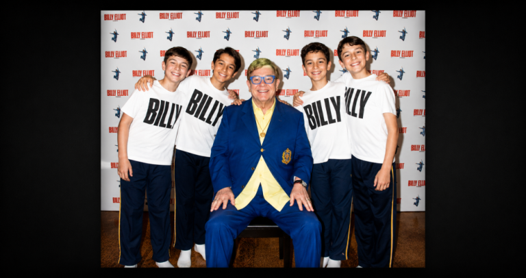 Billy Elliot the Musical. William Gurney, Spencer Collins, Elton John, Noah Mannion and Rafferty Smale. Photo Justine Matthew.
